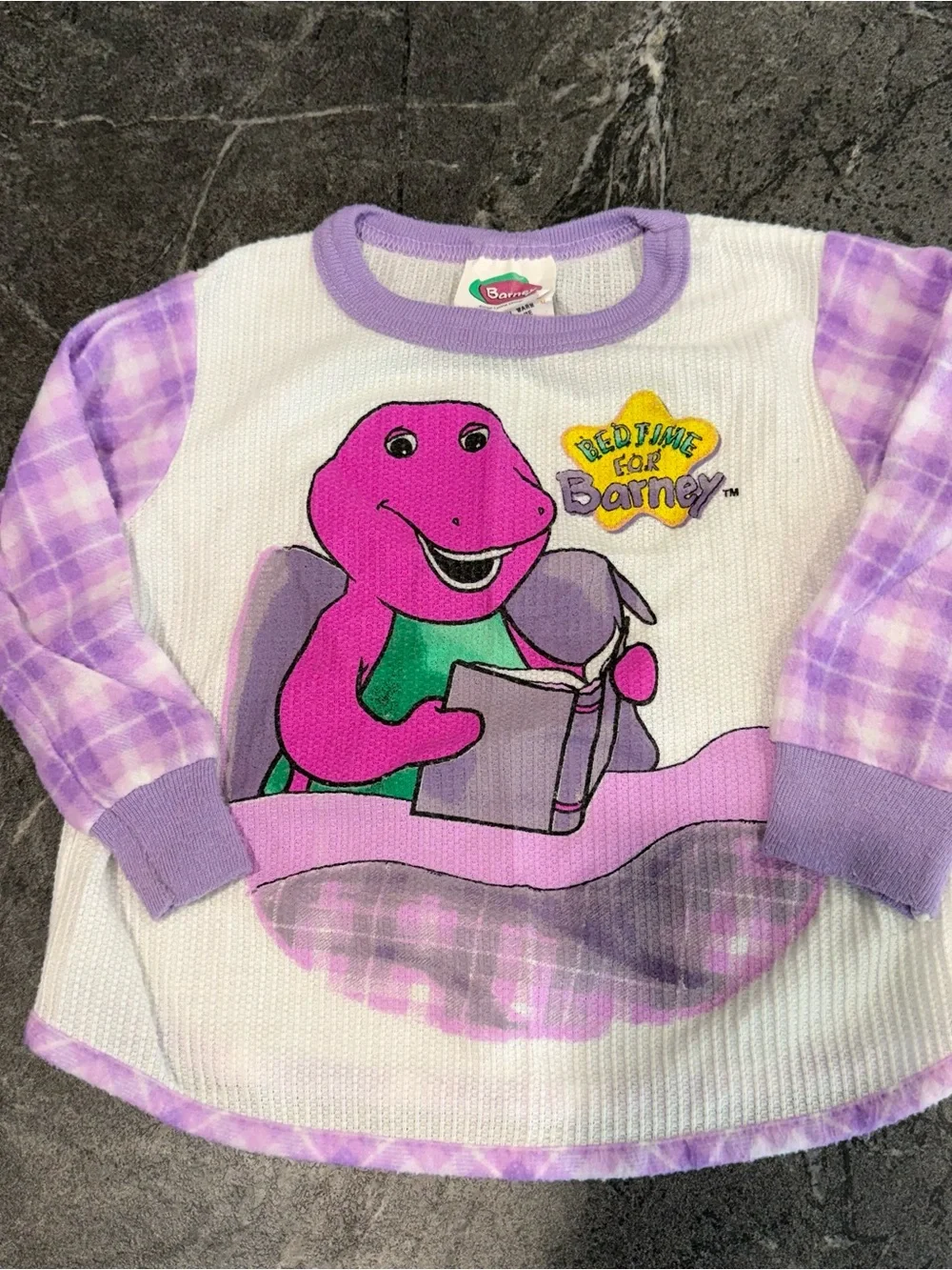 Vintage Barney pajama set girls 3T Bedtime pjs 90s purple plaid
